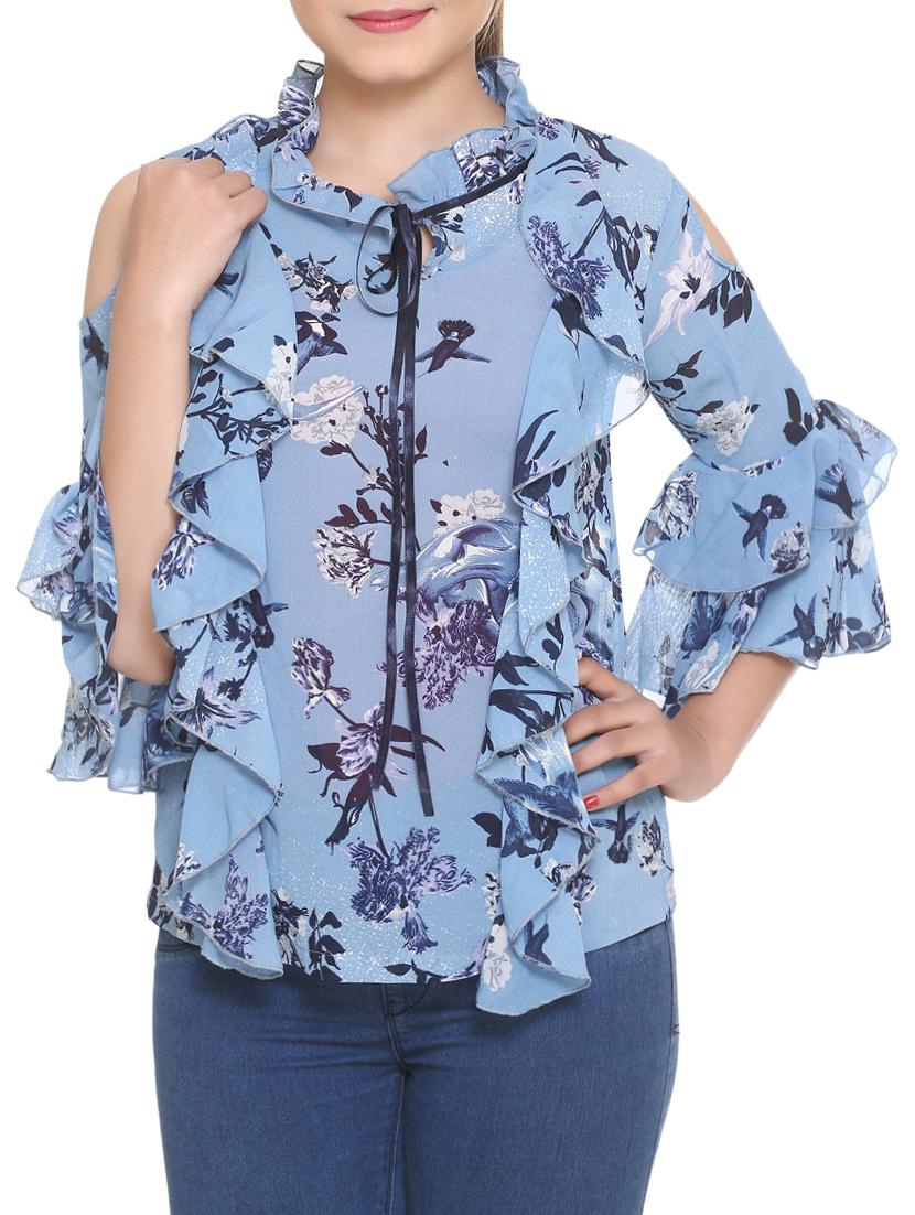 blue georgette ruffled top - 14902270 - Zoom Image - 1