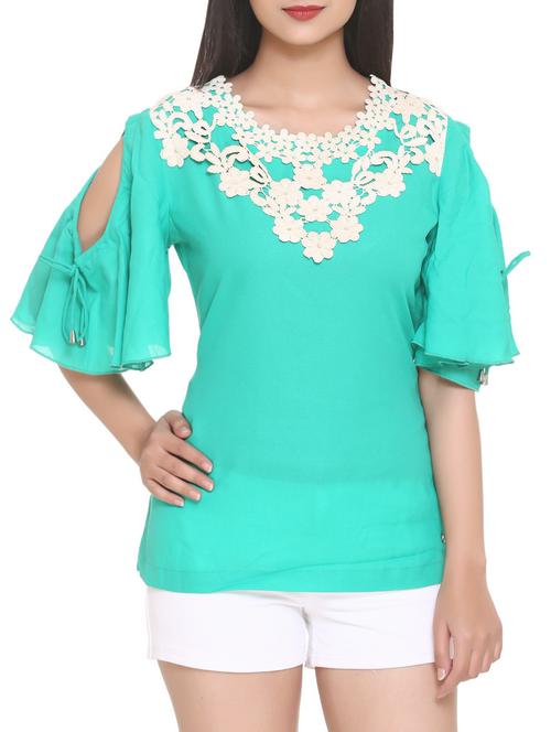 green solid cold shoulder top - 14902301 - Standard Image - 1