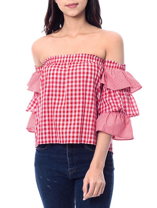 red checkered off shoulder top - 14902678 - Very Small Image - 1