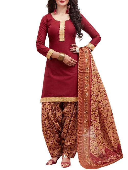 maroon cotton unstitched suit - 14902869 - Standard Image - 1