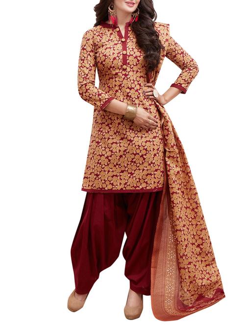 maroon cotton unstitched suit - 14902870 - Standard Image - 1