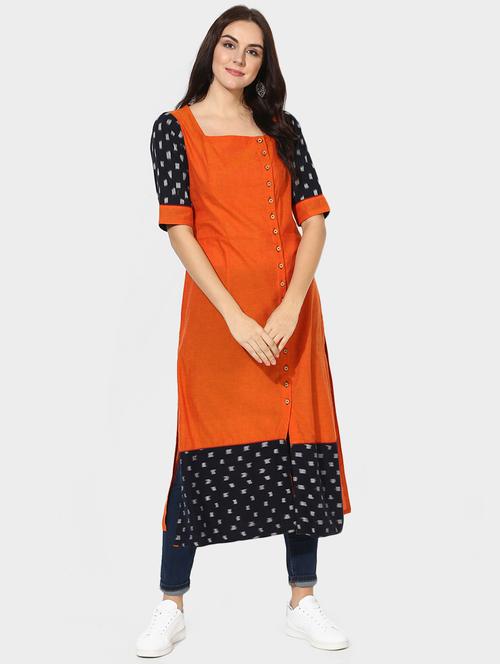 Indian Dobby orange cotton straight kurta - 14903219 - Standard Image - 1