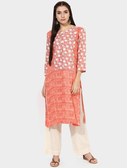Indian Dobby peach rayon straight kurta - 14903222 - Standard Image - 1