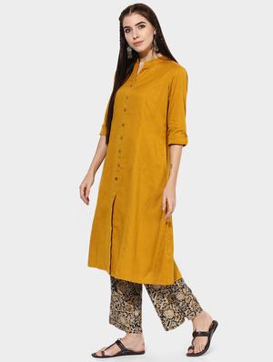 indian dobby yellow cotton a-line kurta - 14903223 - Standard Image - 2