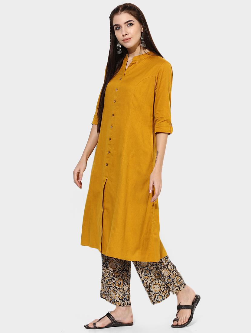 indian dobby yellow cotton a-line kurta - 14903223 - Zoom Image - 2