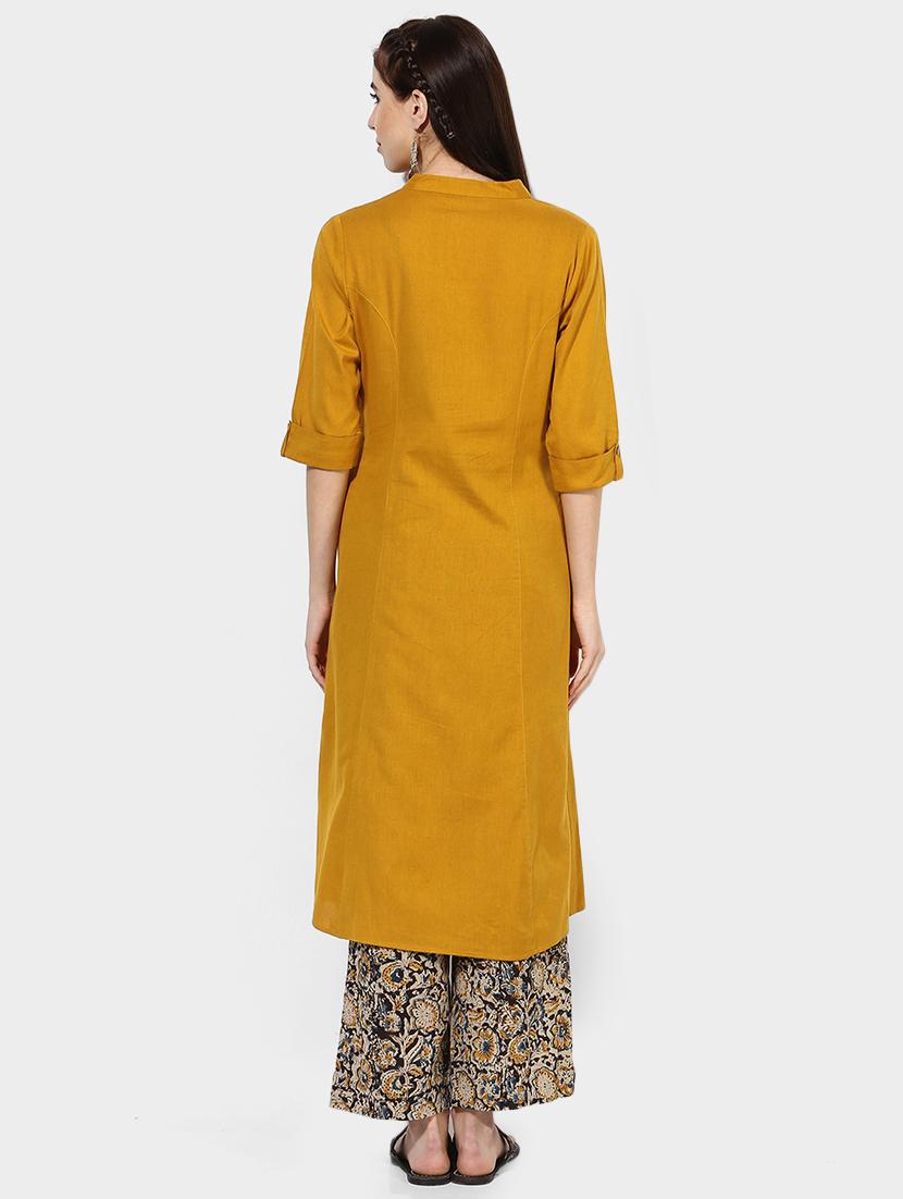 indian dobby yellow cotton a-line kurta - 14903223 - Zoom Image - 3