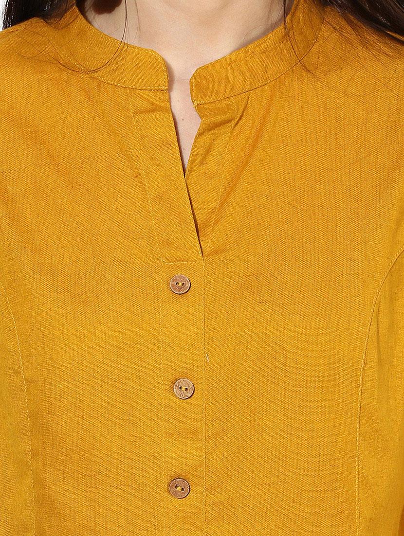 indian dobby yellow cotton a-line kurta - 14903223 - Zoom Image - 4