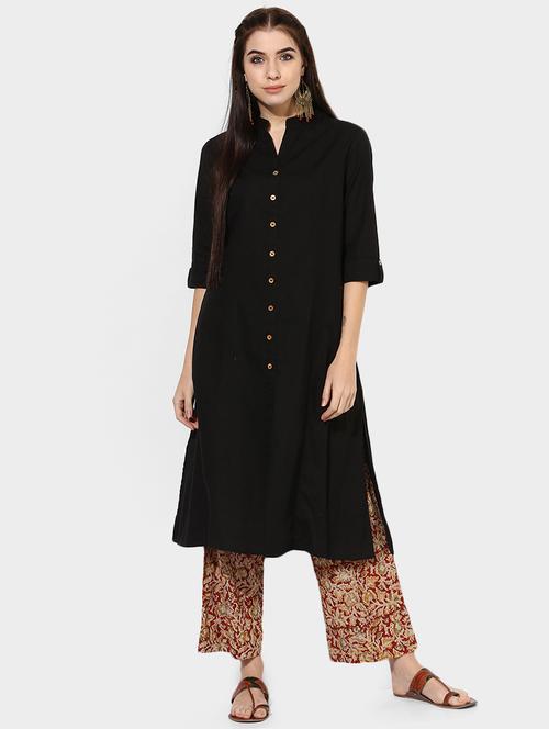 Indian Dobby black cotton a-line kurta - 14903229 - Standard Image - 1