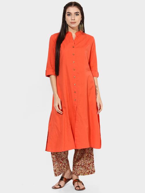 Indian Dobby peach cotton a-line kurta - 14903230 - Standard Image - 1