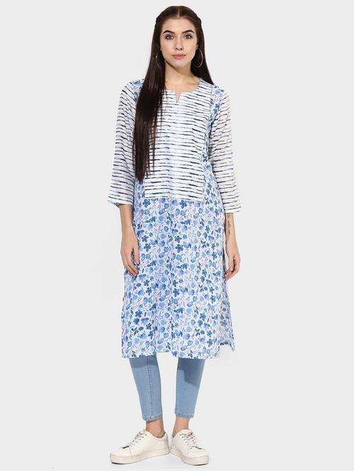 Indian Dobby white cotton straight kurta - 14903232 - Standard Image - 1