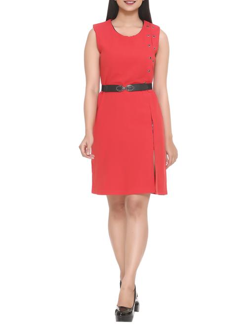 red solid belted dress - 14903631 - Standard Image - 1
