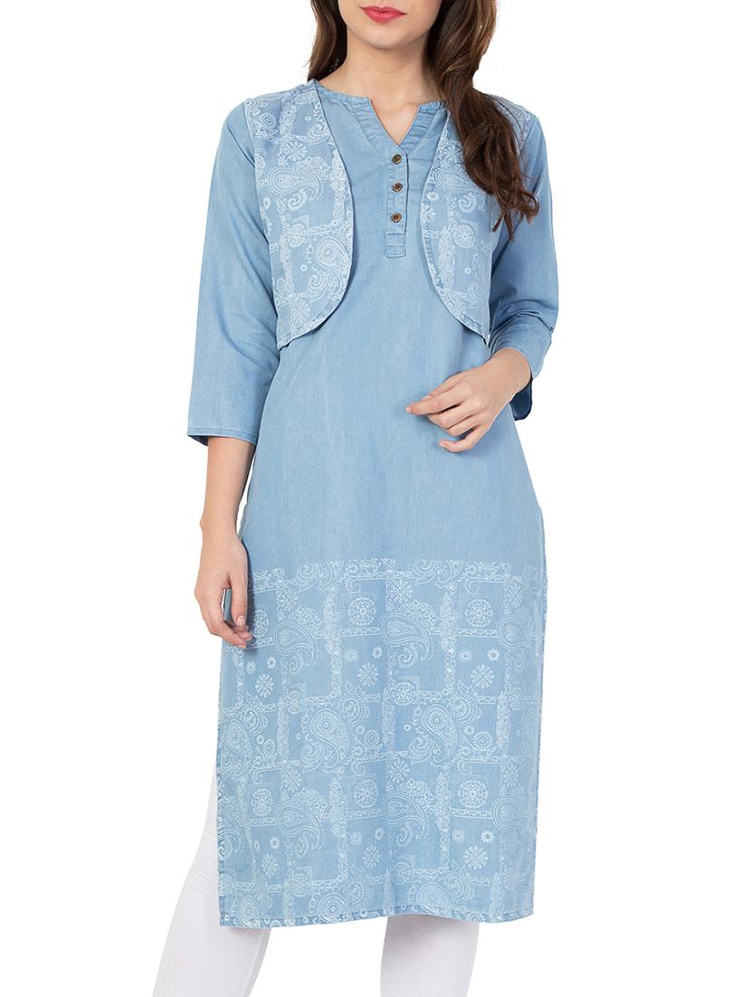 denim straight kurta with jacket - 14904262 - Zoom Image - 1