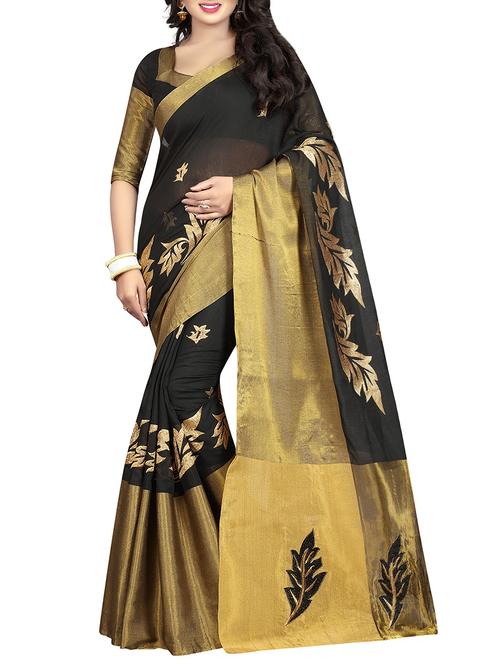 black cotton silk embroidered saree with blouse - 14904269 - Standard Image - 1