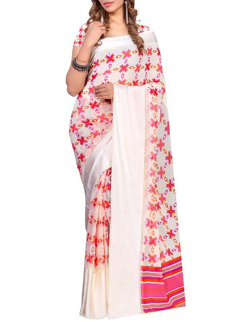 white georgette printed saree with blouse - 14904778 - Standard Image - 1
