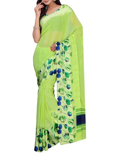 green georgette printed saree with blouse - 14904781 - Very Small Image - 1