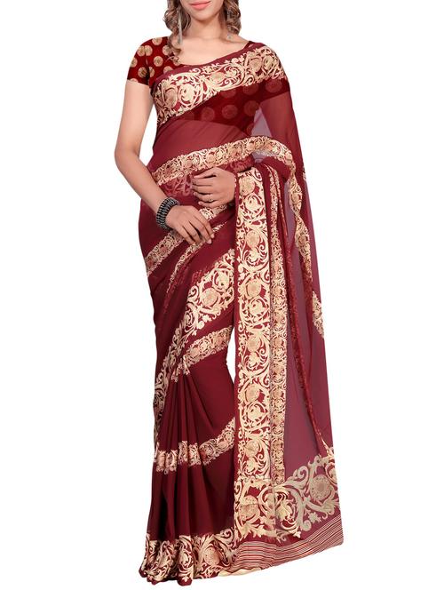 maroon georgette printed saree with blouse - 14904792 - Very Small Image - 1