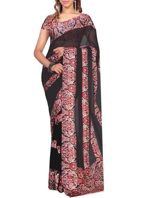 black georgette printed saree with blouse - 14904795 - Very Small Image - 1