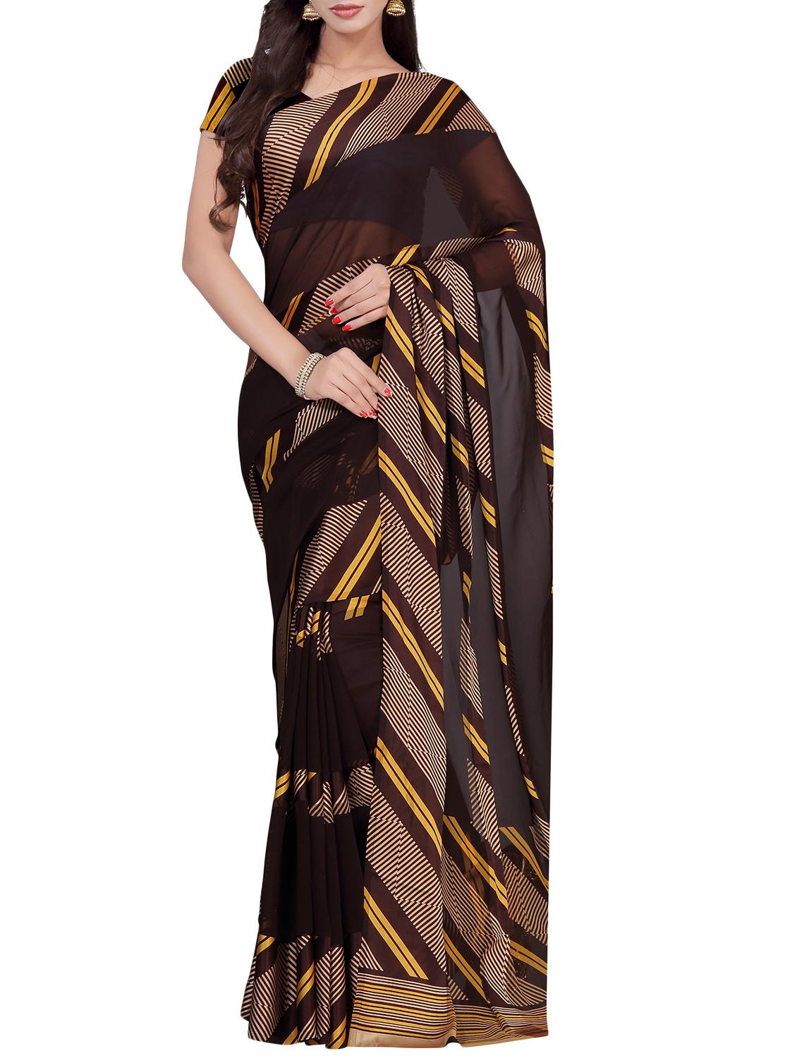 brown georgette printed saree with blouse - 14904798 - Zoom Image - 1