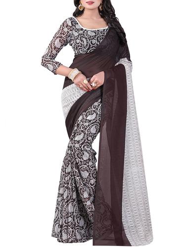 brown georgette half & half saree with blouse - 14905562 - Very Small Image - 1