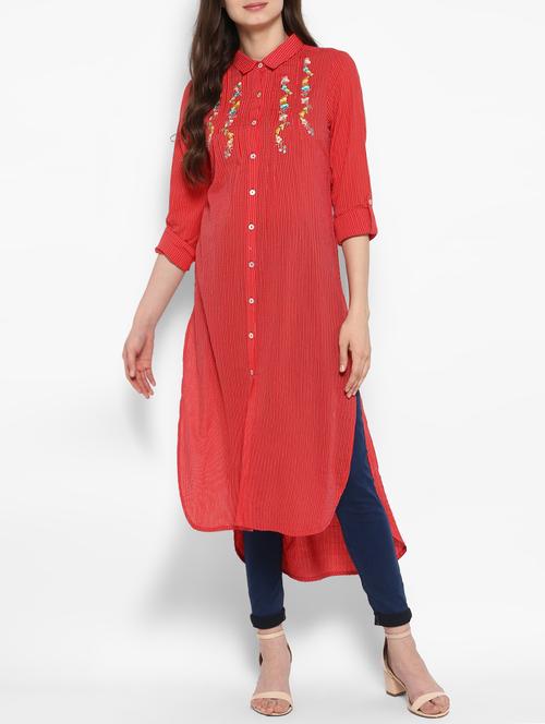 red cotton highlow kurta - 14905948 - Very Small Image - 1
