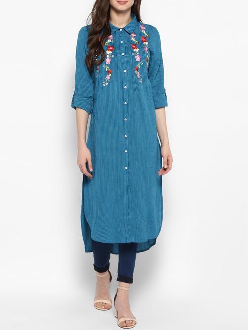 blue cotton highlow kurta - 14905949 - Standard Image - 1