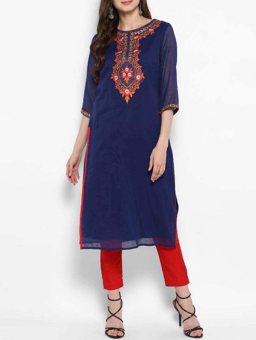 blue cotton straight kurta - 14905952 - Zoom Image - 1