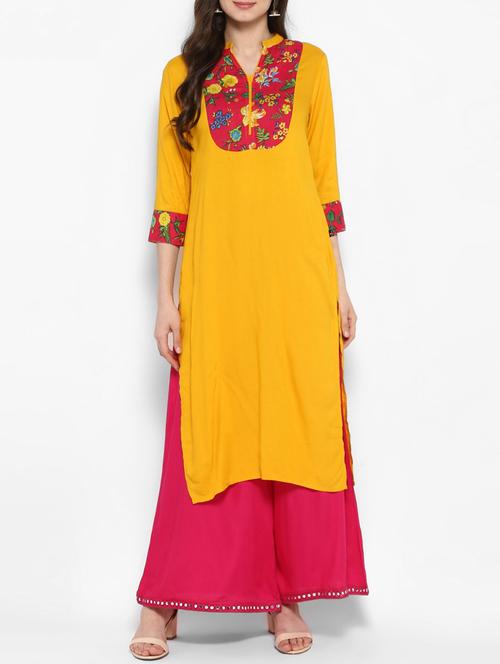 mustard rayon straight kurta - 14905967 - Standard Image - 1