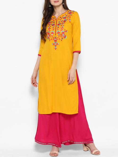 mustard rayon straight kurta - 14905978 - Very Small Image - 1