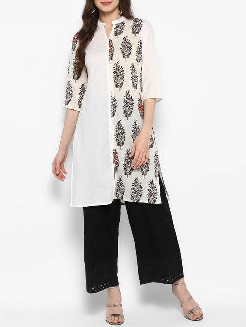 cream cotton aline kurta - 14905994 - Very Small Image - 1