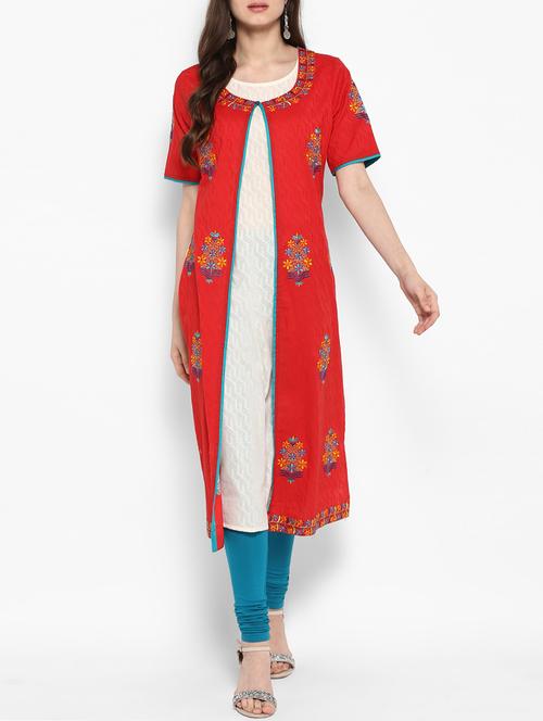 red cotton embroidered layered kurta - 14905995 - Standard Image - 1
