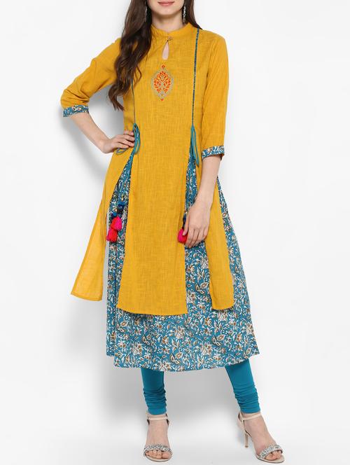 mustard cotton layered kurta - 14906003 - Standard Image - 1