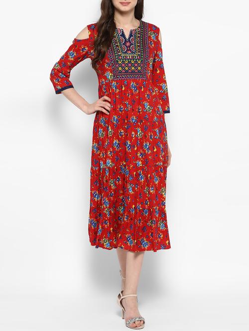 red cotton flared kurta - 14906011 - Very Small Image - 1