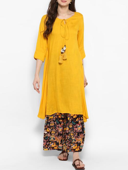 mustard rayon asymmetric kurta - 14906935 - Standard Image - 1