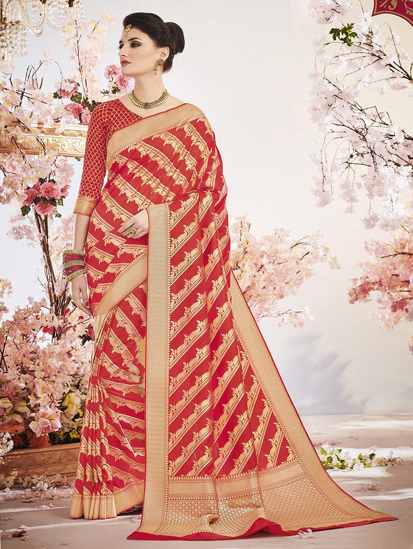 red silk banarasi saree with blouse - 14906983 - Zoom Image - 1