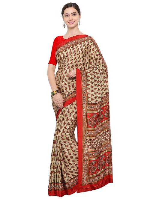 beige crepe printed saree with blouse - 14906994 - Standard Image - 1