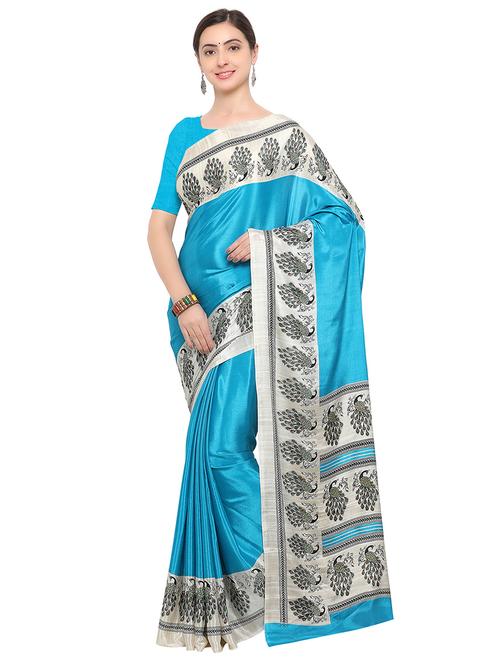blue crepe printed saree with blouse - 14906996 - Very Small Image - 1