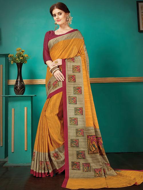 mustard silk blend printed saree with blouse - 14907000 - Standard Image - 1
