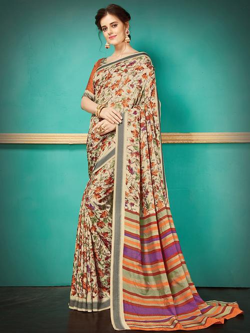 beige silk blend printed saree with blouse - 14907004 - Standard Image - 1