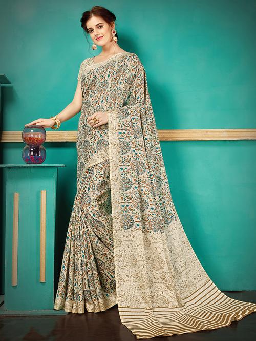Beige printed saree with blouse - 14907007 - Standard Image - 1