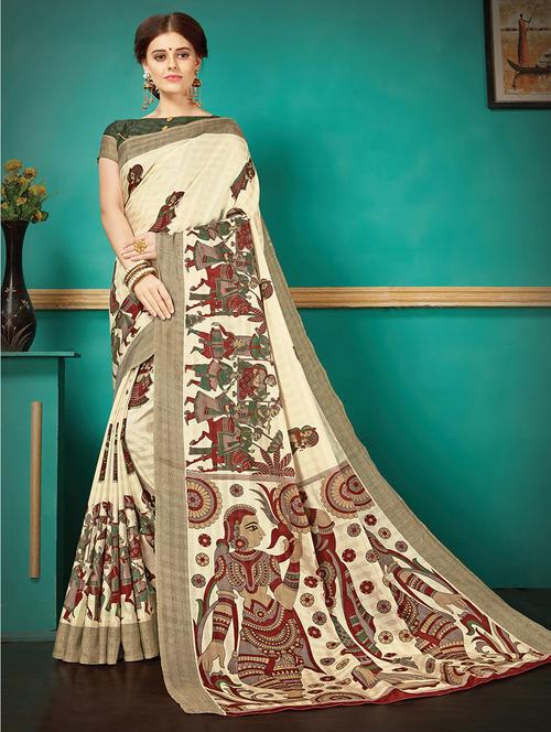 white silk blend printed saree with blouse - 14907009 - Standard Image - 1
