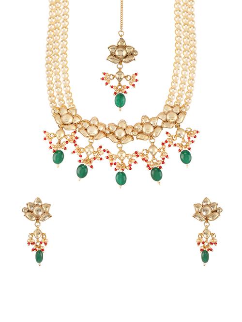 gold metal kundan necklaces, earrings & maangteeka - 14907335 - Very Small Image - 1