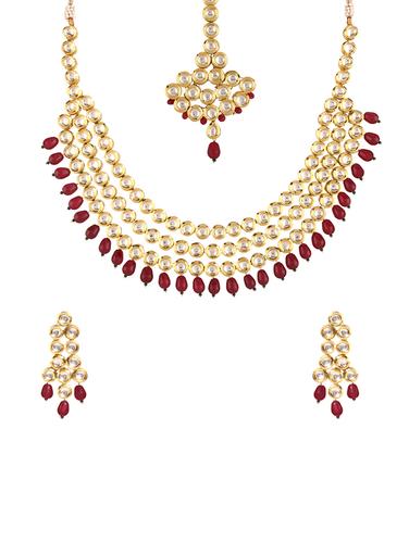 gold metal kundan set (necklace, earrings and manteeka) - 14907339 - Very Small Image - 1
