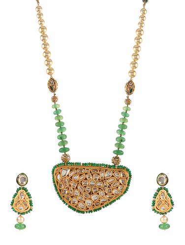 gold metal kundan necklaces and earrings - 14907341 - Very Small Image - 1