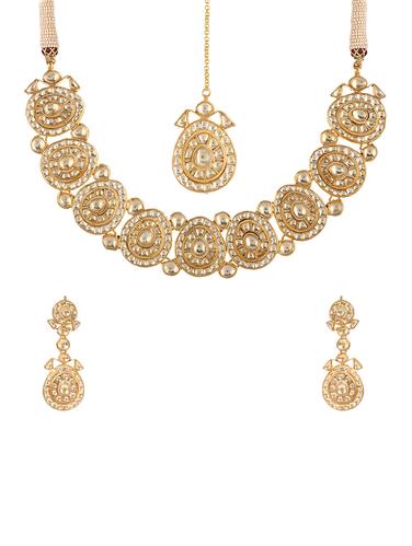 gold metal kundan set (necklace, earrings & mangteeka) - 14907347 - Very Small Image - 1