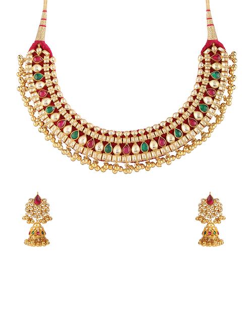 gold metal kundan necklaces and earrings - 14907348 - Very Small Image - 1