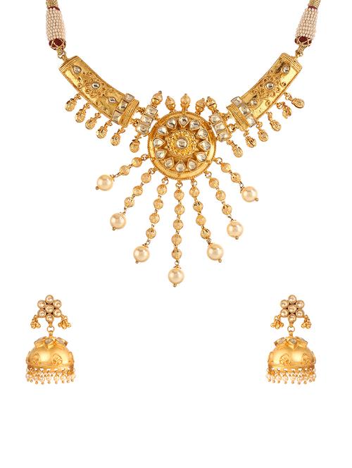 gold metal kundan necklaces and earrings - 14907349 - Very Small Image - 1