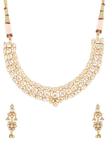 gold metal kundan necklaces and earrings - 14907350 - Very Small Image - 1