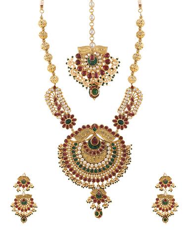 gold metal kundan set (necklace, earrings & mangteeka) - 14907363 - Very Small Image - 1