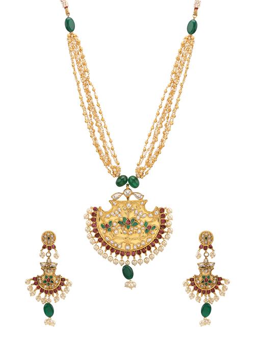 gold metal kundan set (necklace & earrings) - 14907364 - Very Small Image - 1