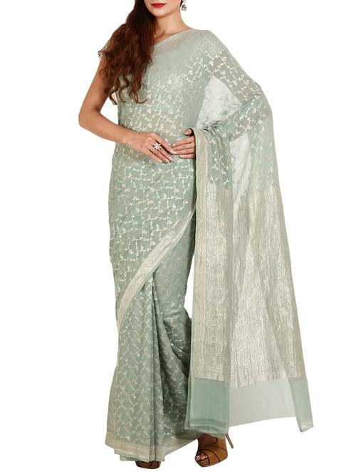 green chiffon woven saree with blouse - 14907877 - Very Small Image - 1